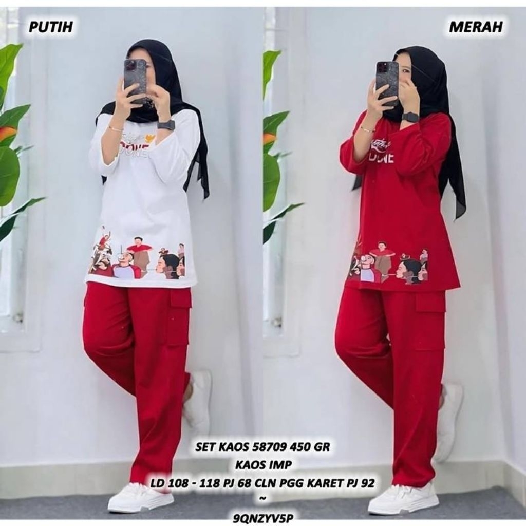 ASD 58709 SET KAOS MERAH PUTIH WANITA / READY / REALPICT