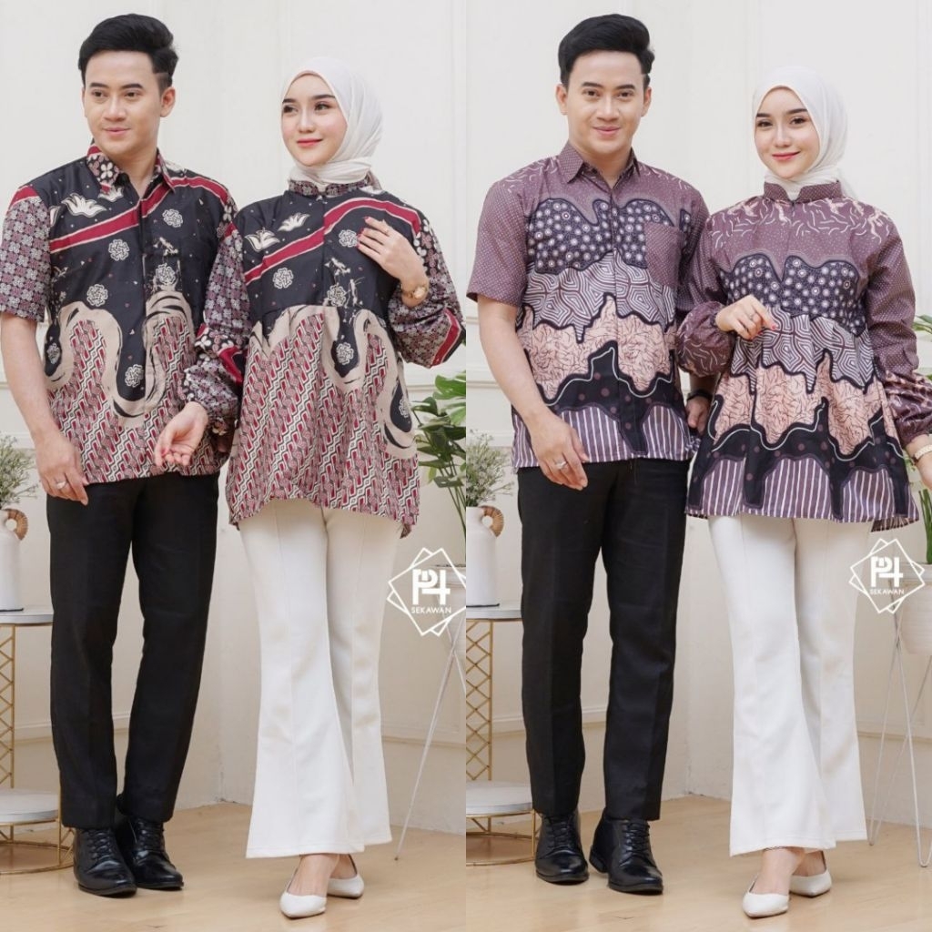 Couple Batik Pria Wanita/Couple Batik Seragam Kantor Atasan Batik Pria/Kemeja Lengan Pendek Motif Sa