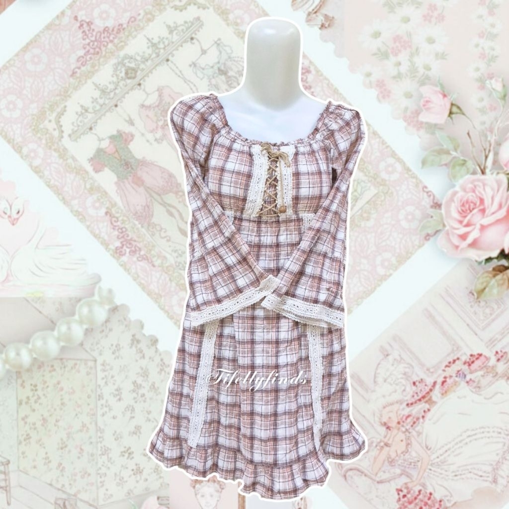 colza brown midi dress over jeans flare lace renda neapolitan plaid pattern kotak kotak tartan y2k j