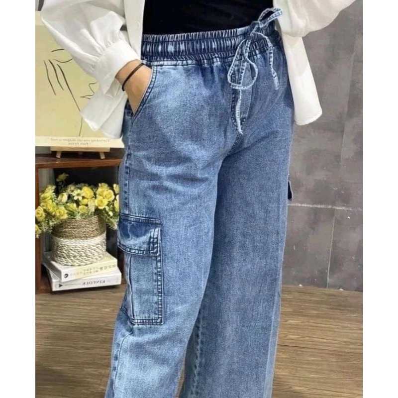 Celana Kulot Cargo Cewek Trendy Bahan Denim / Celana Jeans Cargo Wanita