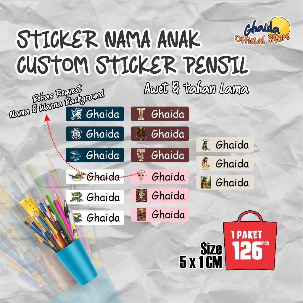 

STIKER LABEL NAMA ANAK I STIKER PENSIL NAMA ANAK ANTI LUNTUR l STIKER NAMA ANAK ANOMALI l Stiker Nama Anomali Tungtung sahur, Tralalero Tralala, Bombardino Crocodilo, Cappuccina Balerina, Brrbrr Patapim