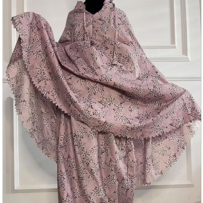 Mukena Traveling Series Bunga Sakura Dewasa Resleting 2 in 1 dengan Laser Cut Bahan Katun Motif Lase