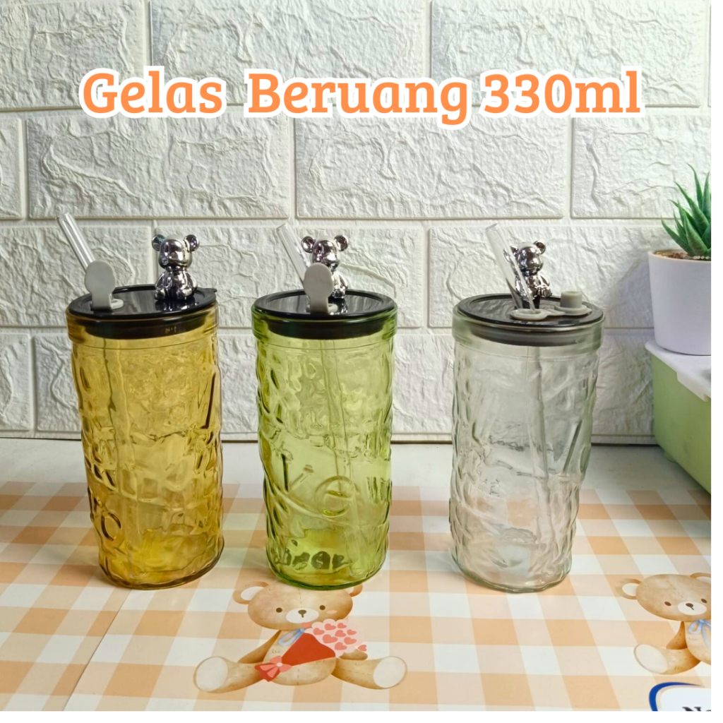 Gelas Sedotan cristal / gelas sedotan aesthetic 450ml gelas sedotan panda gelas tutup beruang kemas 