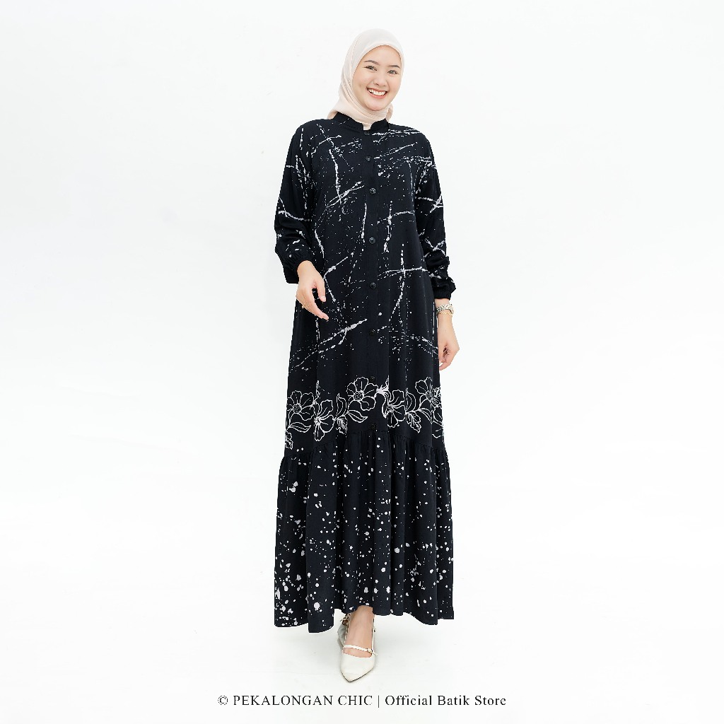 GAMIS TWILL ORI TEBAL MODEL KLOK A KANCING BUSUI MOTIF NATURALISART / GAMIS HITAM / GAMIS BATIK PEKA