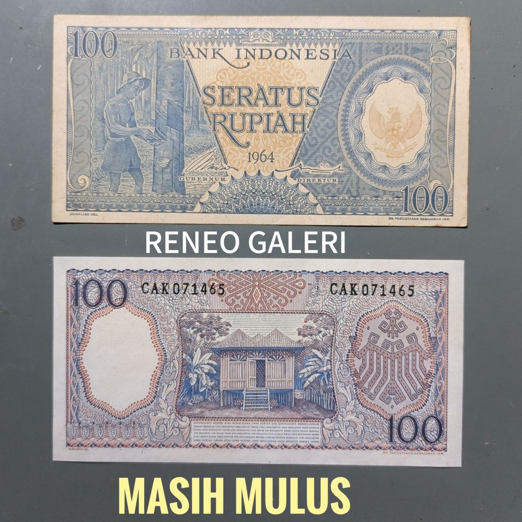Mulus asli Rp 100 Rupiah Seri Pekerja Biru Tahun 1964 uang kertas Kuno duit jadul lawas lama antik k