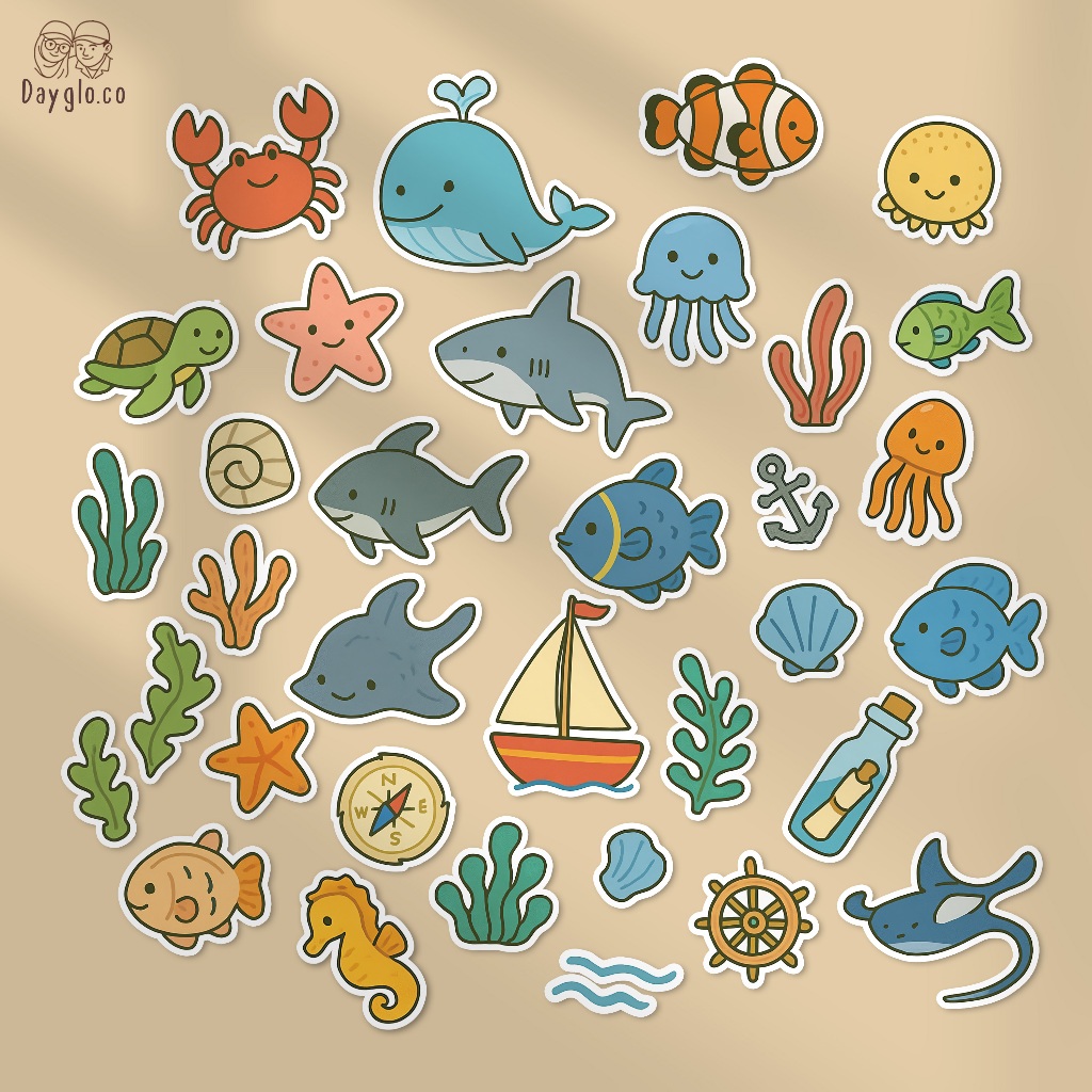 

[DAYGLO] 35 Pcs Sticker Silly Sea Squad | Vinyl Sticker Waterproof | Journaling | Case HP | Laptop