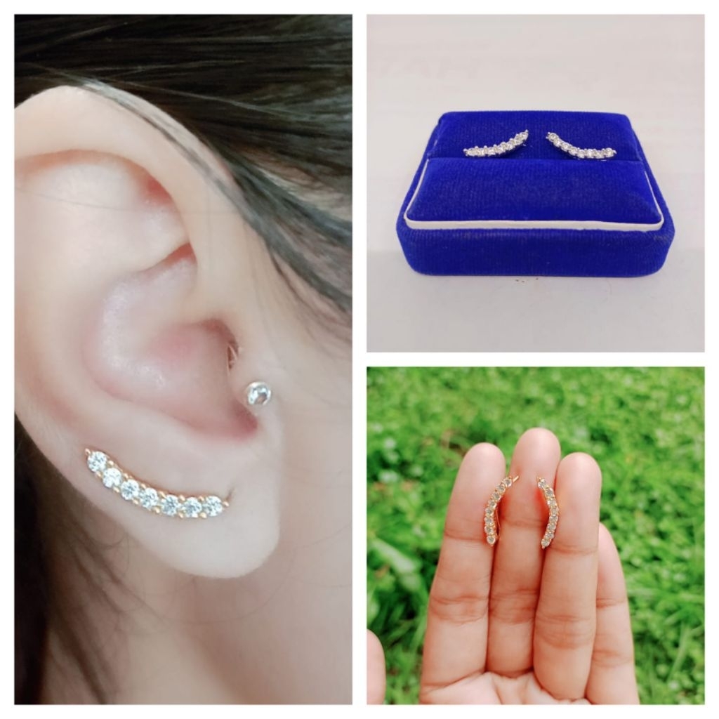 ANTING PERAK 925 ASLI LAPIS EMAS/ANTING GIWANG TUSUK MATA PUTIH/ASLI SILVER/PERHIASAN GIWANG