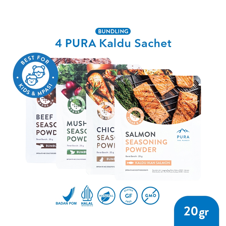 

Pura Kaldu Asli | 4 Bumbu Kaldu Ayam Kampung, Sapi, Jamur & Salmon (20gr) - Seasoning Powder - Kaldu Mpasi - BB Booster - No Msg - No Gula - Kaldu Serbaguna - Kaldu Alami
