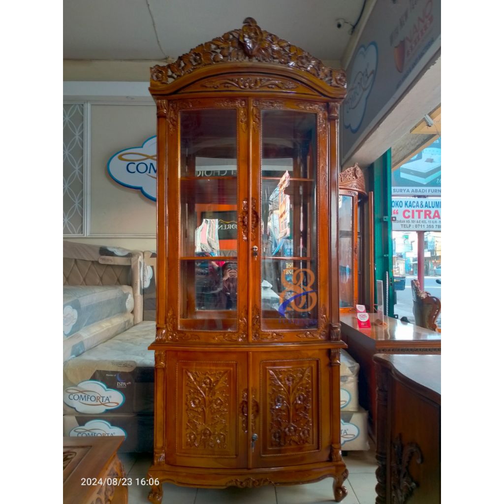 Lemari Hias Jati Asli Lemari Kaca Jati 2 pintu Finishing Jepara