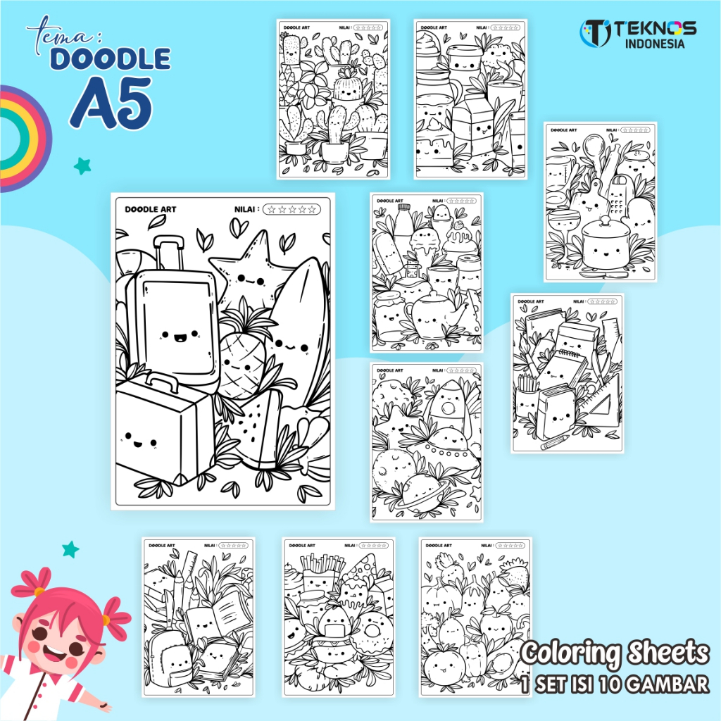 

KERTAS MEWARNAI UNTUK ANAK - LEMBAR GAMBAR TEMA DOODLE UKURAN A5 - COLORING SHEETS FOR KIDS