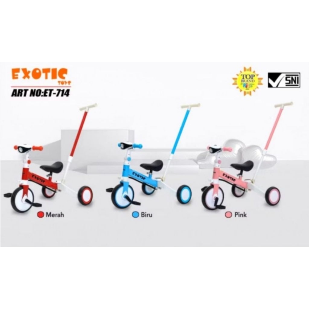 "Sepeda Roda 3 Anak EXOTIC ET-714 – Tricycle Dorong Bayi Lucu Warna Merah Biru Pink "