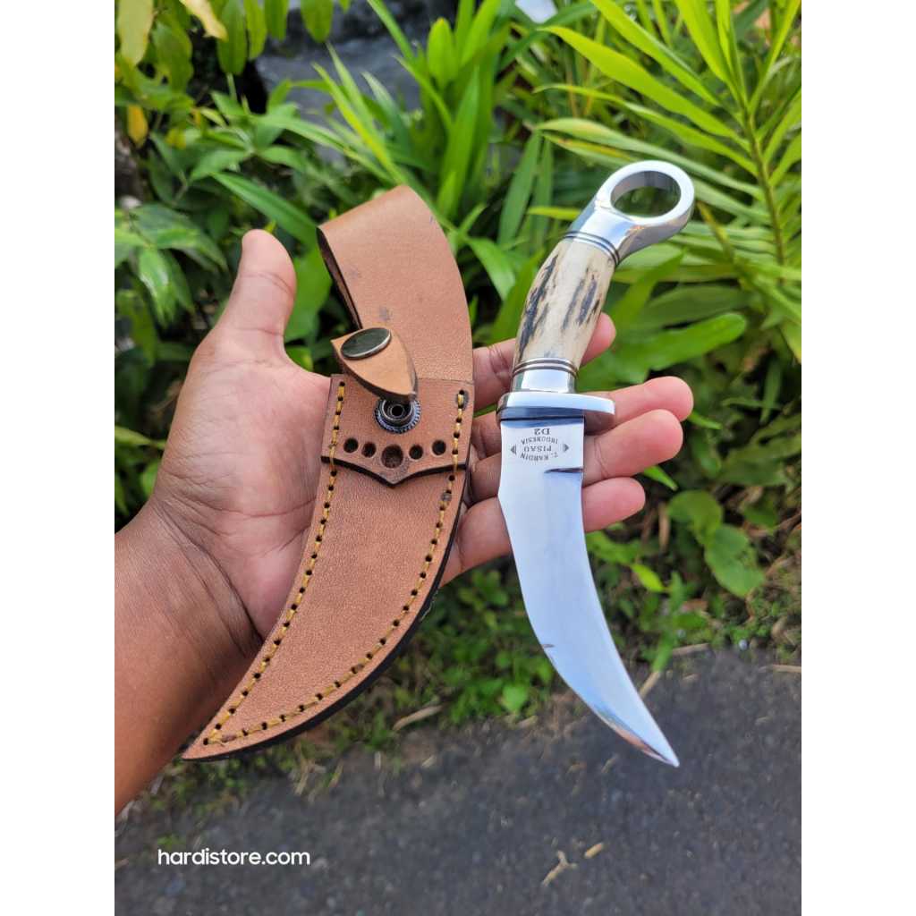Pisau Karambit 10 cm T. KARDIN Knife Tactical Custome, Baja D2, Handle Tanduk Rusa, Sarung Kulit Sap