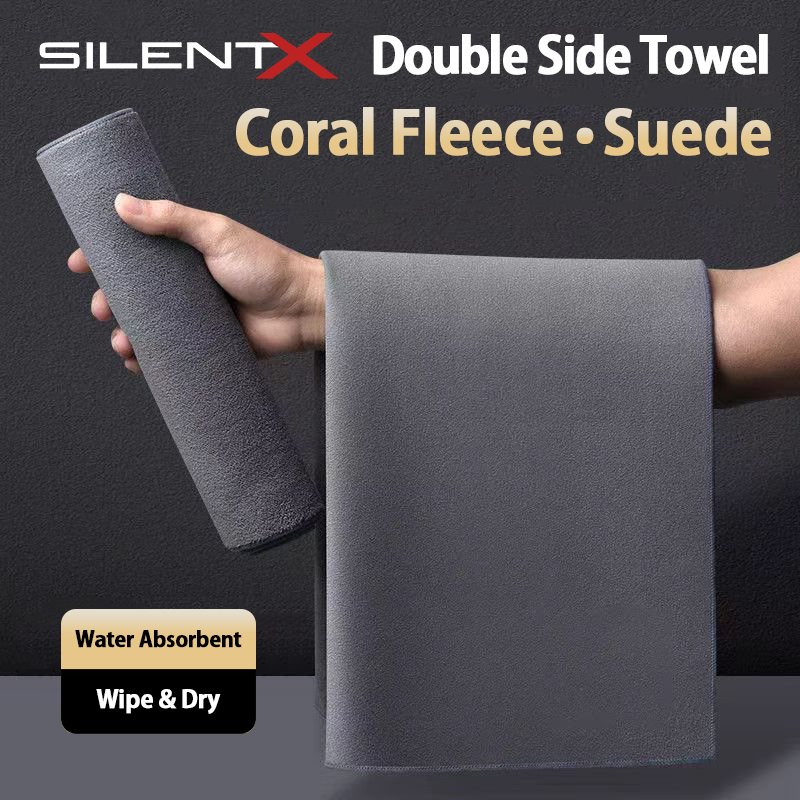 SILENTX DOUBLE SIDE TOWEL KAIN LAP 2 SISI CORAL FLEECE SUEDE PREMIUM GREY 2IN1 LAP CUCI MOBIL MOTOR 