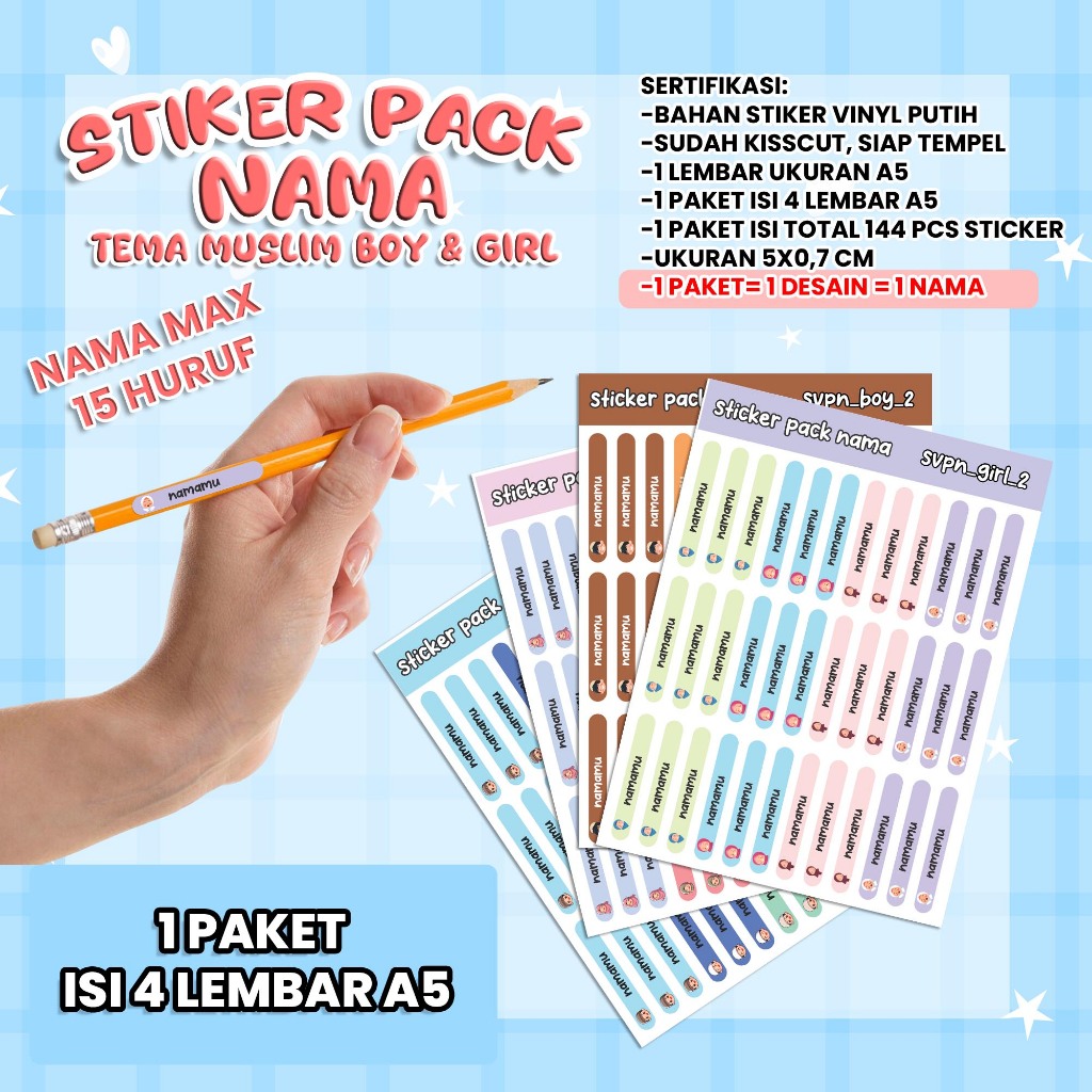 

[1 PAKET ISI 4 LEMBAR A5] - STIKER PACK NAMA TEMA MUSLIM BOY & GIRL / Stiker Pack Nama STIKER NAMA untuk Pensil, Pulpen, ATK, dan lain-lain / isi 36pcs per-A5
