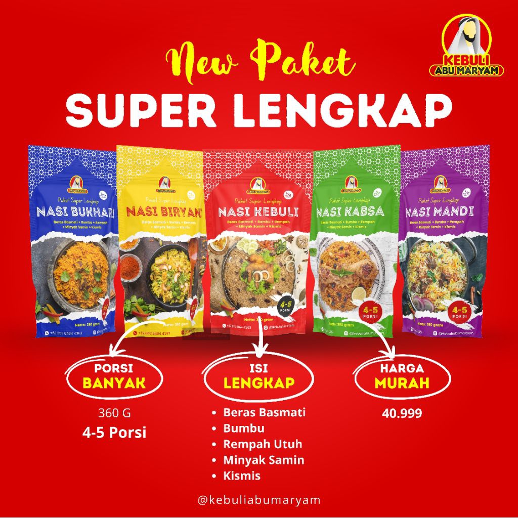 

PAKET SUPER LENGKAP NASI INSTAN KEBULI, BIRYANI, KABSA, BUKHARI, MANDI