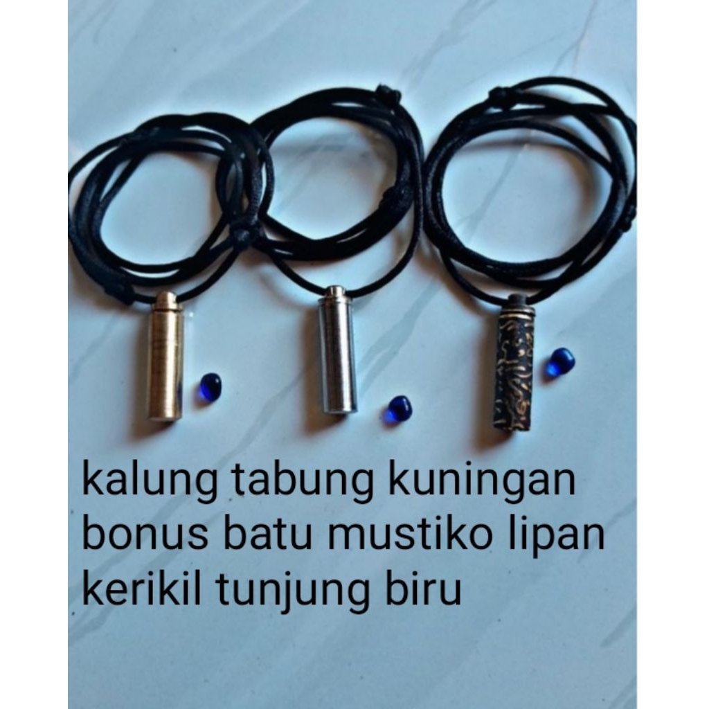 kalung pendant tabung kuningan bonus batu akik krikil mini blue royal king safir