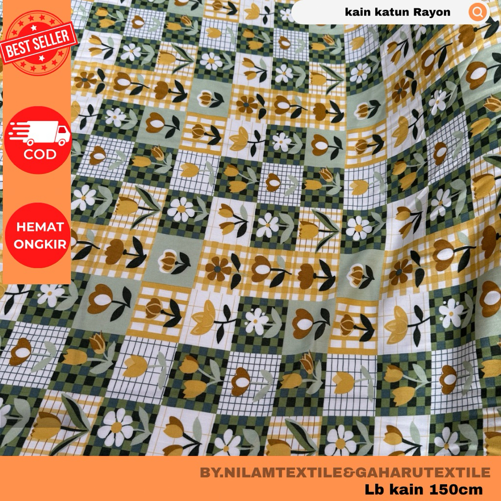 kain katun rayon/bahan rayon-rayon premium-rayon viscose-motif bunga kotak-kain/bahan meteran nilam