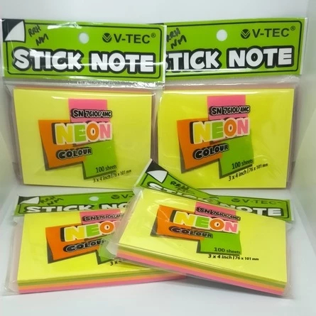 

Sticky note - memo tempel V-TEC 100 lembar 7,6 cm x 10,1 cm ( 3x4 inch ) kertas Memo bisa menempel dimana - mana Warna Warni neon Ori 100% Original Asli Authentic