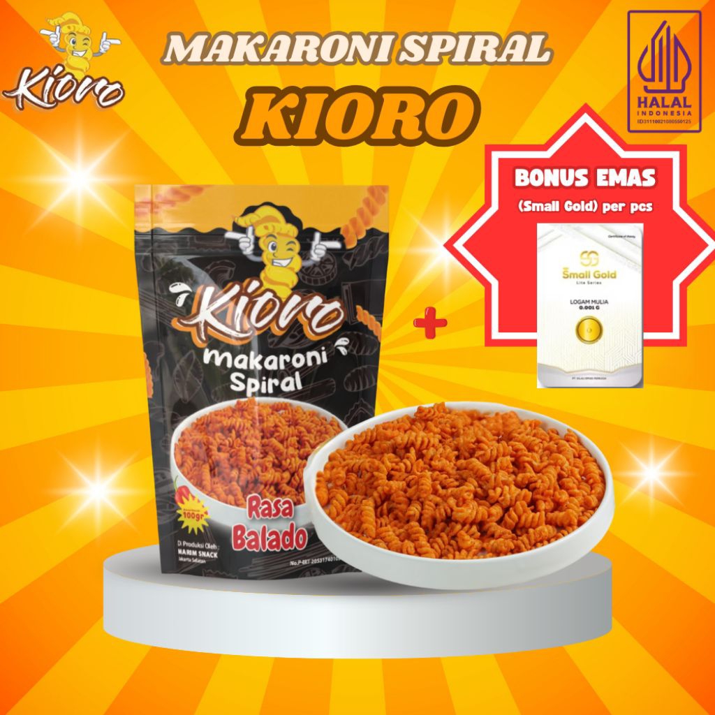 

Makaroni Spiral Kioro Rasa Balado 100gr - Bonus Emas (Small Gold) - Makaroni Pedas