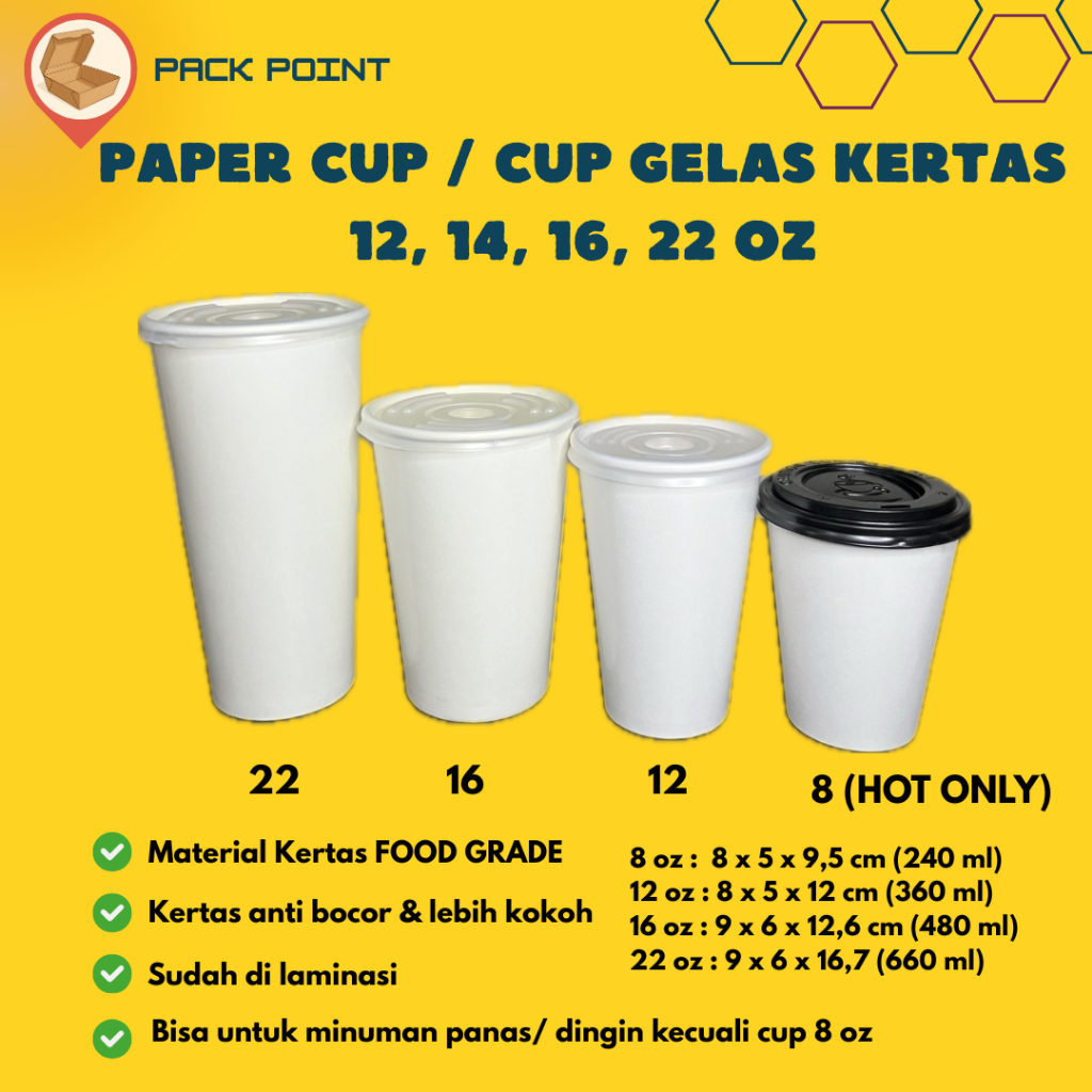 Gelas Kertas Putih Polos 4, 8,12,16,22 Oz/Paper Cup Food Grade/Gelas kopi dan minuman kekinian