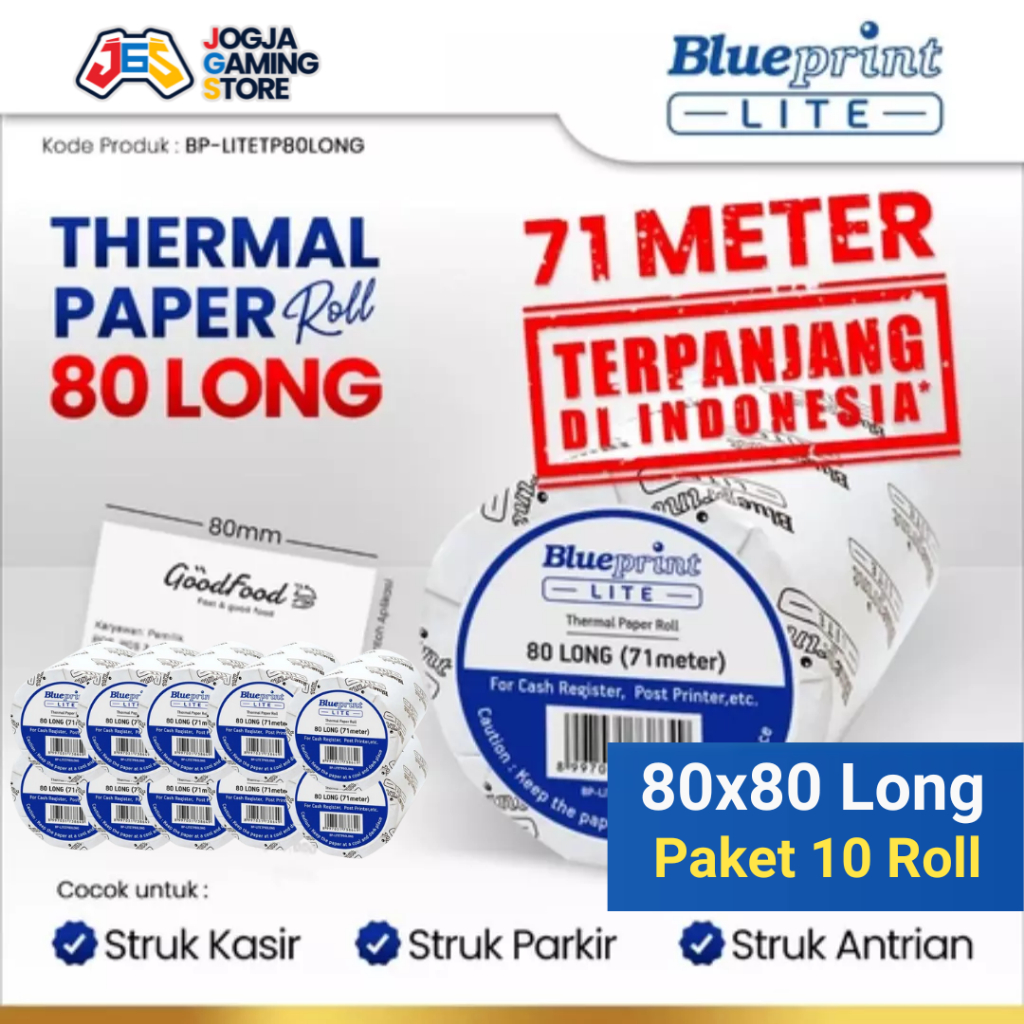 

Kertas Thermal Roll Struk Kasir Antrian Karcis Parkir PPOB BLUEPRINT LITE 80x80 mm Long - 80 Long Panjang 71 Meter - Paket 10 Rolll