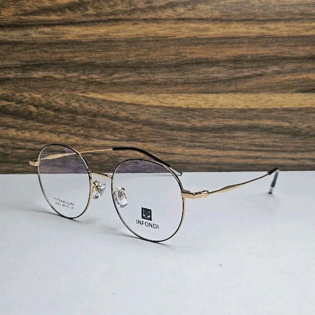 Frame Kacamata Bulat Pria Wanita Unisex Bahan Titanium Ringan Anti Karat Black Gold INFONDI 90230 Or