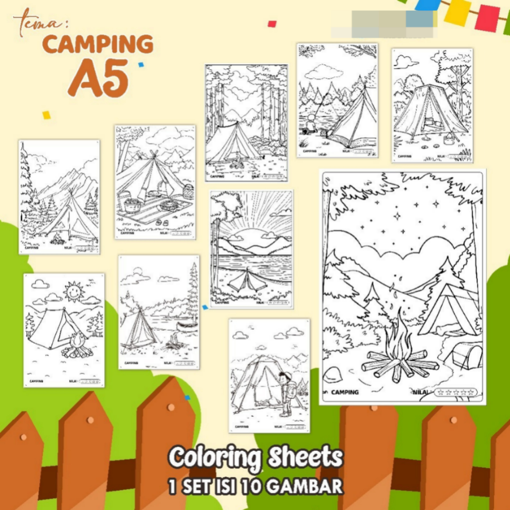 

KERTAS GAMBAR MEWARNAI TEMA [CAMPING] A5 ISI 10 LEMBAR - COLORING SHEET FOR KIDS READY STOCK