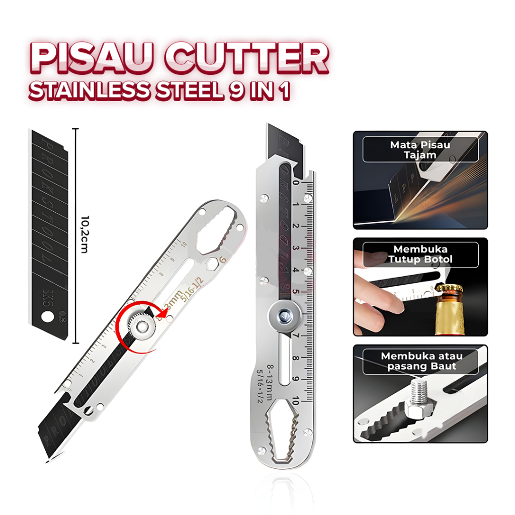 

Pisau Cutter Stainless Steel 9in1 Multifungsi | Pengencang Mur / Skrup | Pembuka Tutup Botol | Penggaris Kater Tajam