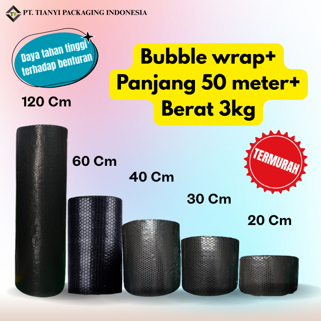 

Bubble Wrap Hitam Berat 3kg | 17cm, 20cm, 24cm, 30cm, 40cm, 60cm, 120cm x 50meter | ROLL | Bahan Tebal dan Murah.