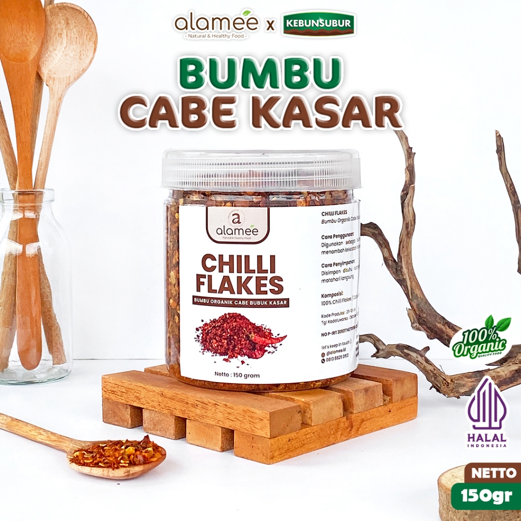 

ALAMEE Chilli Flakes Cabe Bubuk Kasar Cabai Bumbu Dapur Organik Tanpa Campuran 150gr kebunsubur