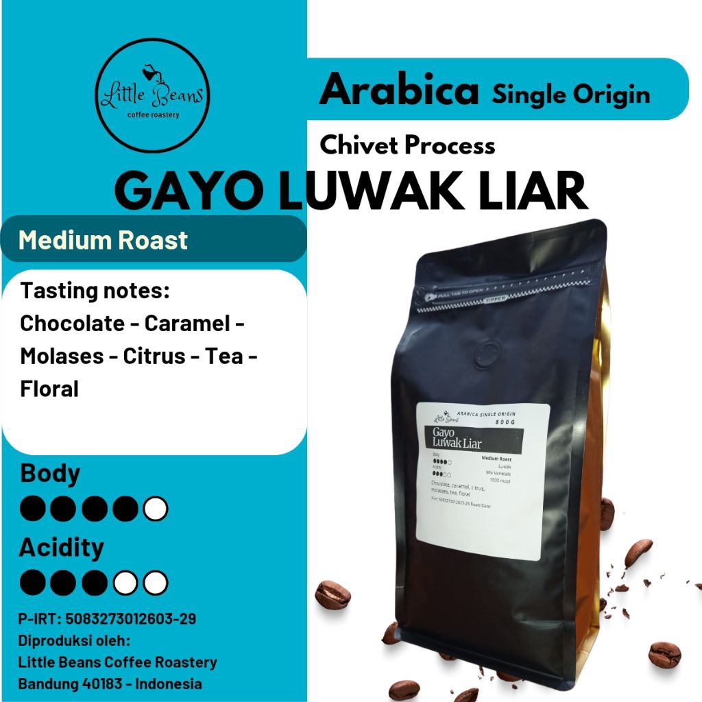 

Kopi arabica Gayo Luwak Liar medium roast 800gr/400gr200gr Biji/Bubuk