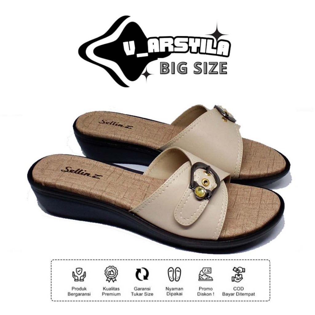 Sandal Ibu Ibu Wedges Beige HR 0.2 Sendal Pesta Kondangan Wanita Selop Hak 3cm