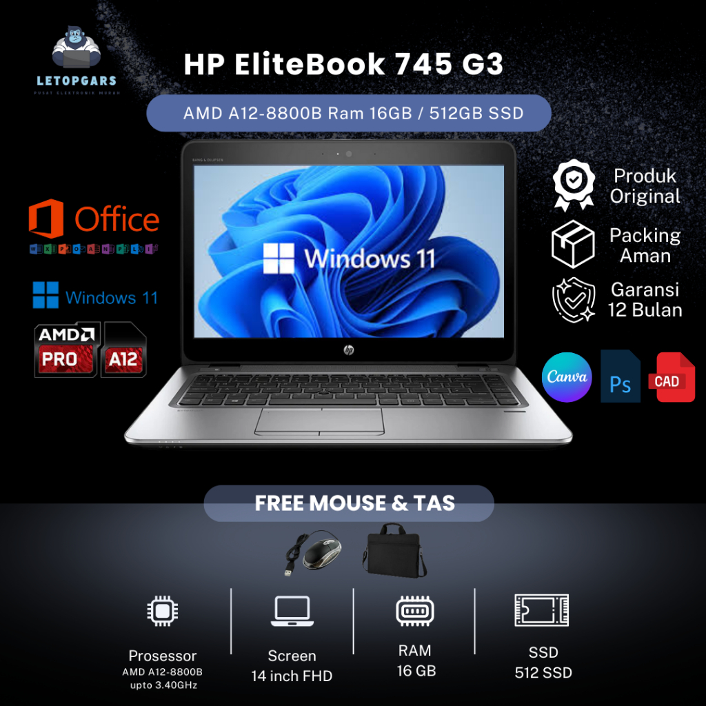 LAPTOP Murah  HP EliteBook 745 G3 - AMD A12-8800B RAM 16GB SSD 512