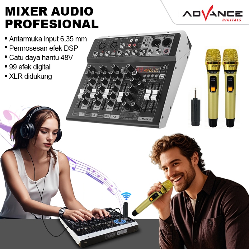 Audio Mixer With Free 2Mic Professional 4 Channel 99 DSP Mixer Morefand Kasus Logam