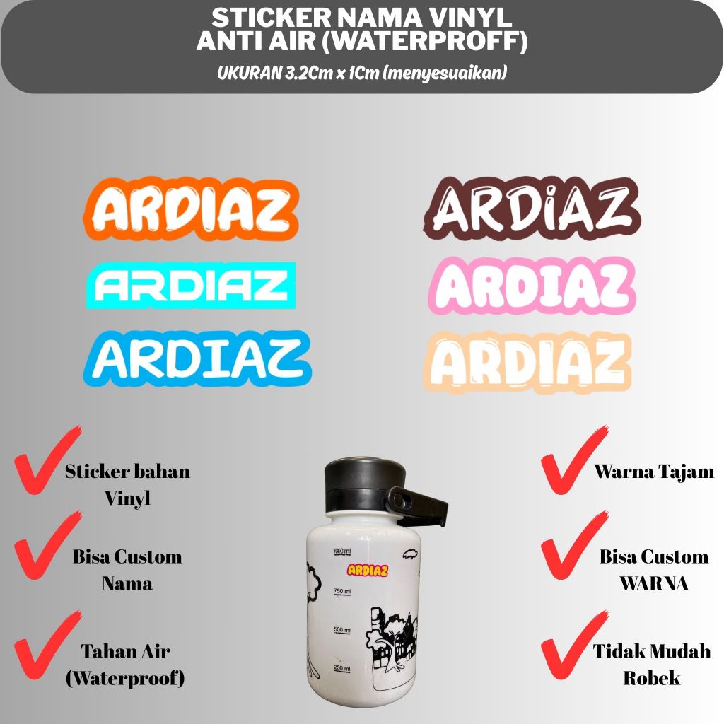 

(1pack isi 40pcs) Sticker Nama Anti AIR (WATER PROOF) Custom Sticker Nama Bahan Vinyl Tidak Mudah Sobek Bisa Mix & Match Warna