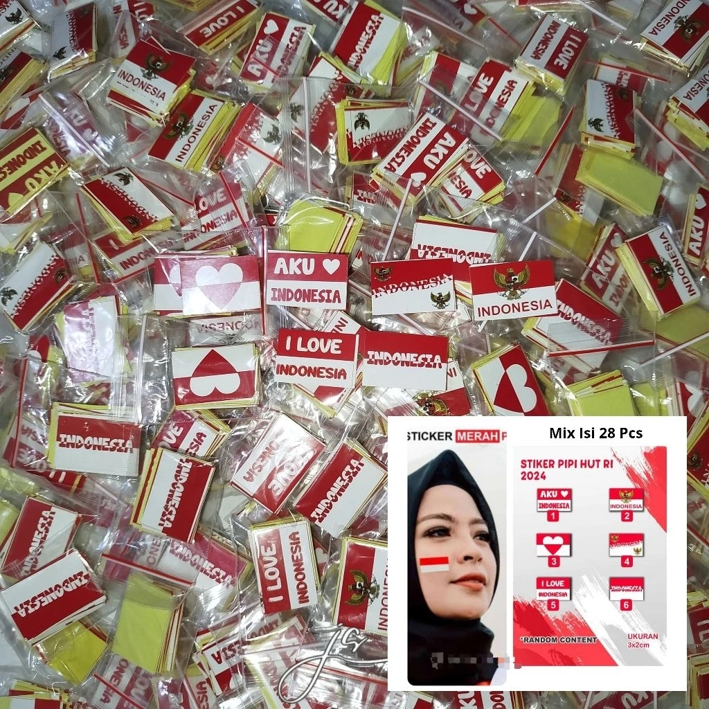 

KHUSUS GROSIR STIKER BENDERA MERAH PUTIH PIPI UK 2x3 isi 28 pcs(mix) | HUT RI