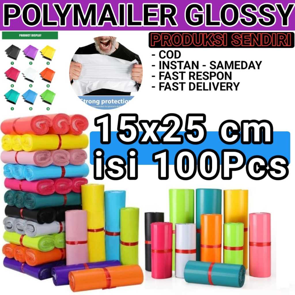 

Polymailer Plastik 15X25CM Packing Olshop LDPE HITAM Glossy Tebal 60Micron 100Pcs Lem Perekat