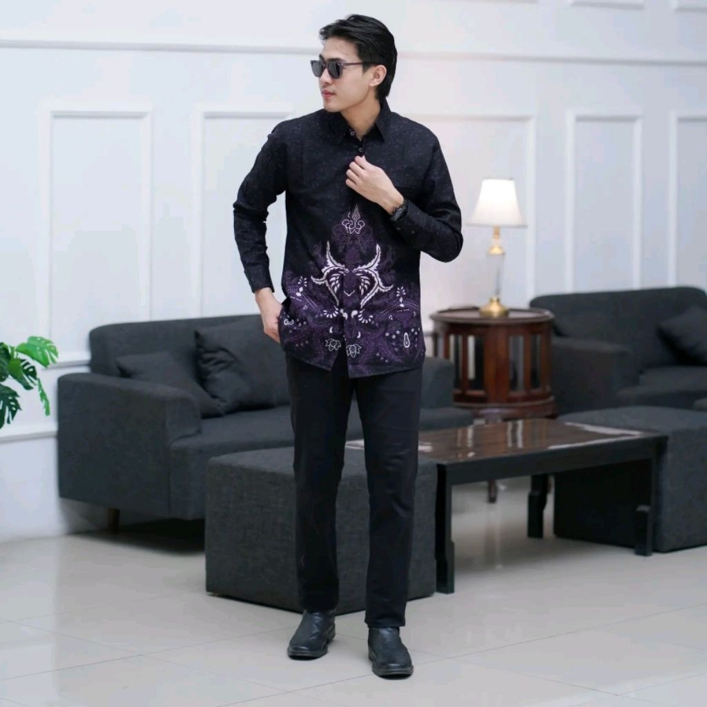 Baju Batik Pria Lengan Panjang Modern Slimfit Jumbo Kasual  GEGOT UNGU