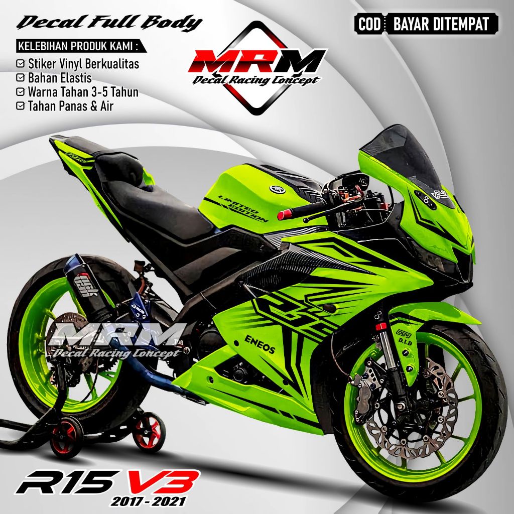 Decal Stiker Aksesoris Sepeda motor Yamaha R15 V3 Full Body Racing Kreen Stiker Motor R15 V3 Full Bl