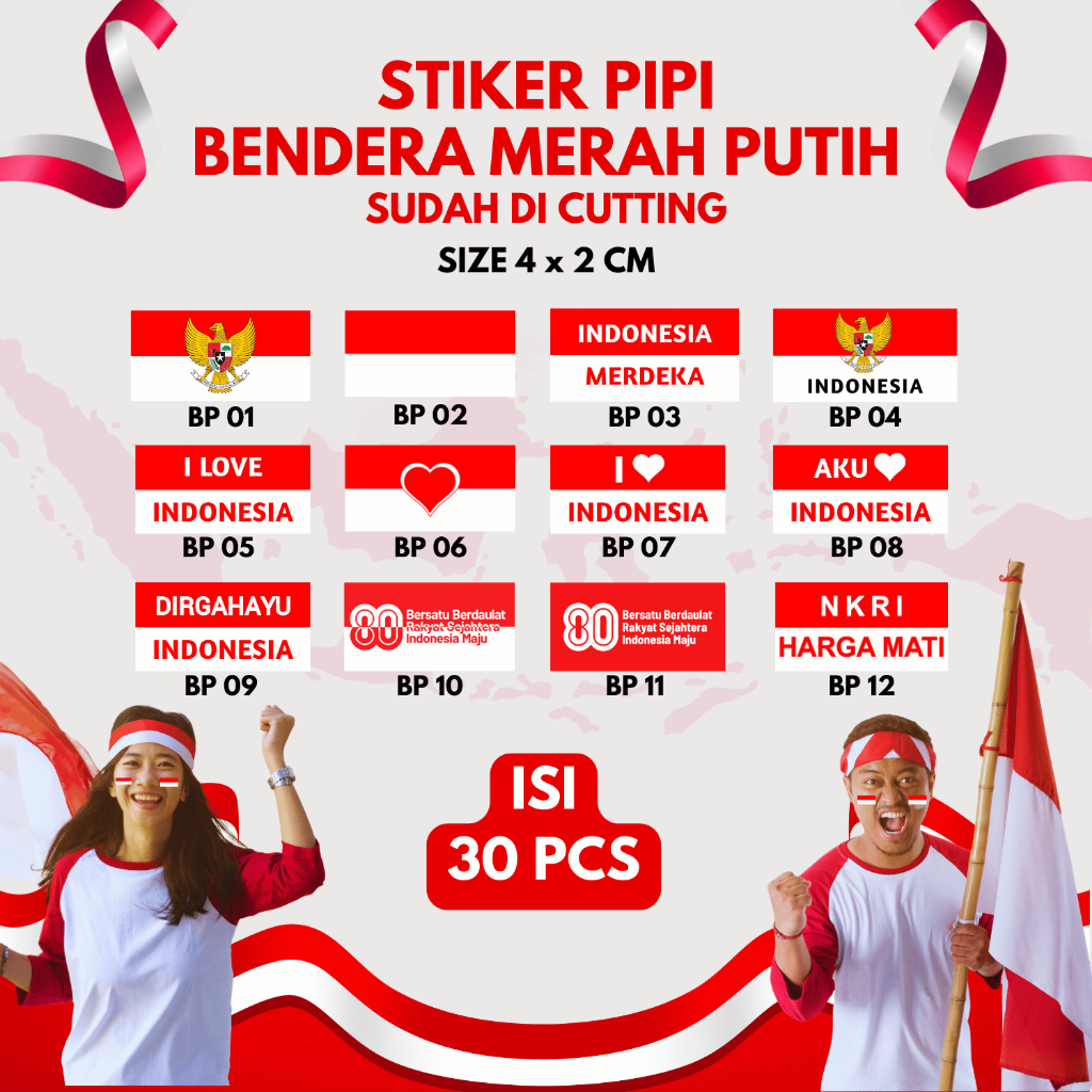 

30 PCS STIKER PIPI BENDERA SUDAH CUTTING - STICKER MERAH PUTIH - STICKER TEMPEL PIPI ANAK DEWASA