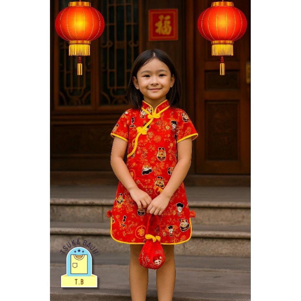 GRATIS TAS Dress Baju Cina Shanghai Terusan Anak Cewe Perempuan Cheongsam Imlek Usia 1 tahun - 9 tah
