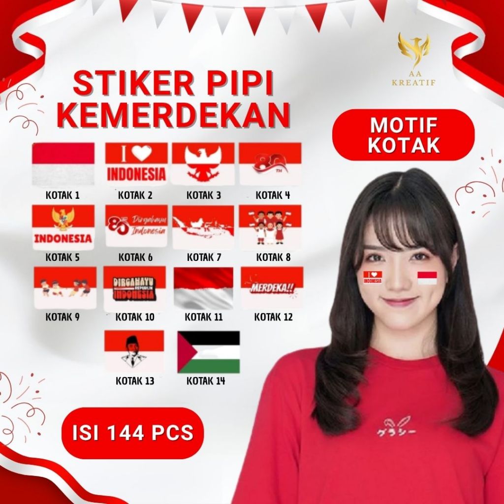 

Stiker Pipi Kemerdekaan HUT RI Bendera Merah Putih Indonesia Juara Agustusan Motif Kotak Isi 144 Pcs