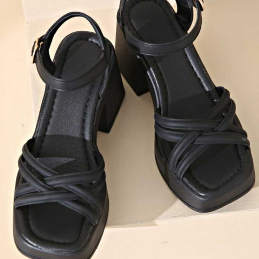 GVN BANDUNG - SANDAL WEDGES HAK TEBAL 8 CM SLIP ON VARIASI GESPER SAPING TALI LILIT SILANG POLOS BUS