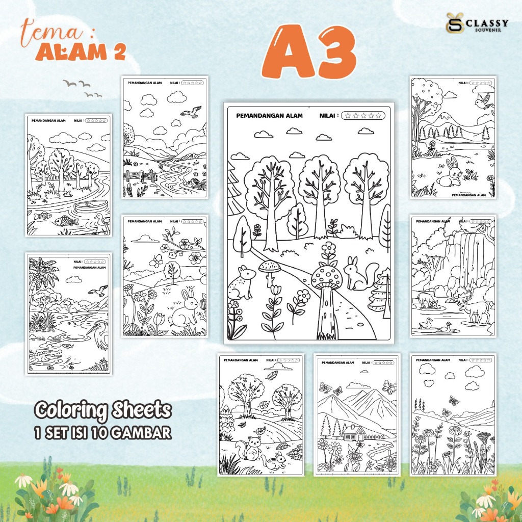 

LEMBAR GAMBAR MEWARNAI ANIMASI ANAK 1 SET ISI 10 GAMBAR - [TEMA ALAM 2] - COLORING SHEETS FOR KIDS A3
