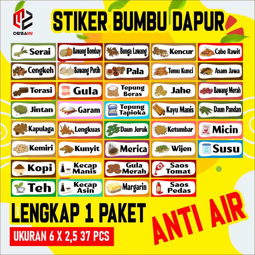 STIKER NAMA NAMA BUMBU DAPUR LENGKAP ANTI AIR