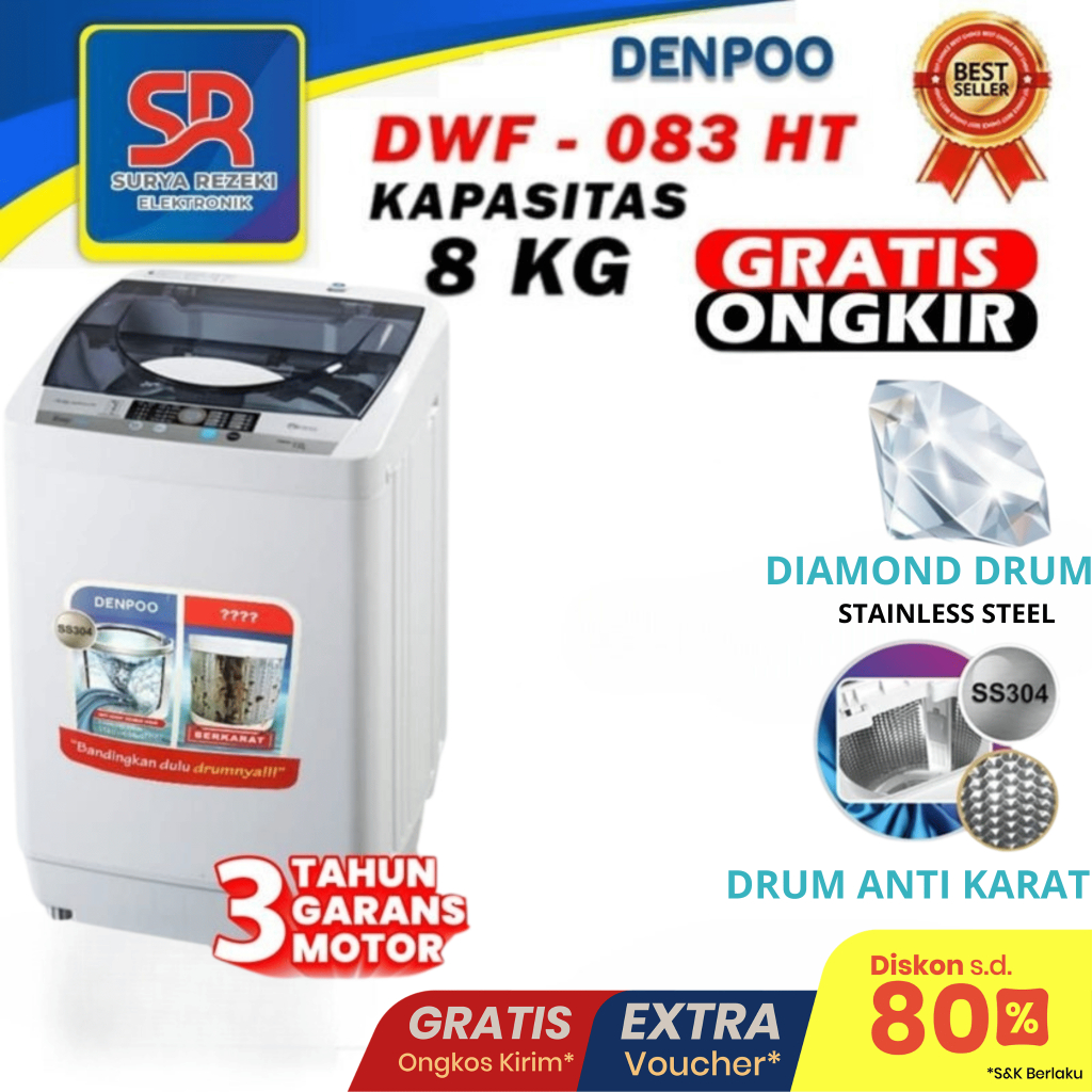 MESIN CUCI DENPOO 1 TABUNG - DWF 083 HT 8KG