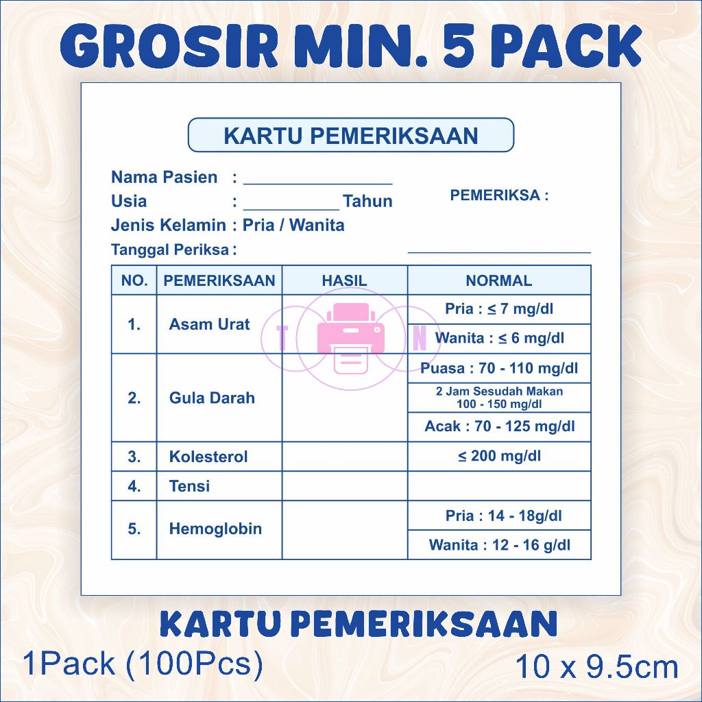 

Grosir Kartu Pemeriksaan Lab 5 pack Kartu Kontrol Ready Stock Kartu Laborat - Kartu Pemeriksaan Laborat (kadar gula, tensi, asam urat, colestrol, HB,& trigliserida) kartu kesehatan kartu periksa kartu pasien kartu kesehatan kartu tensi kartu gula darah