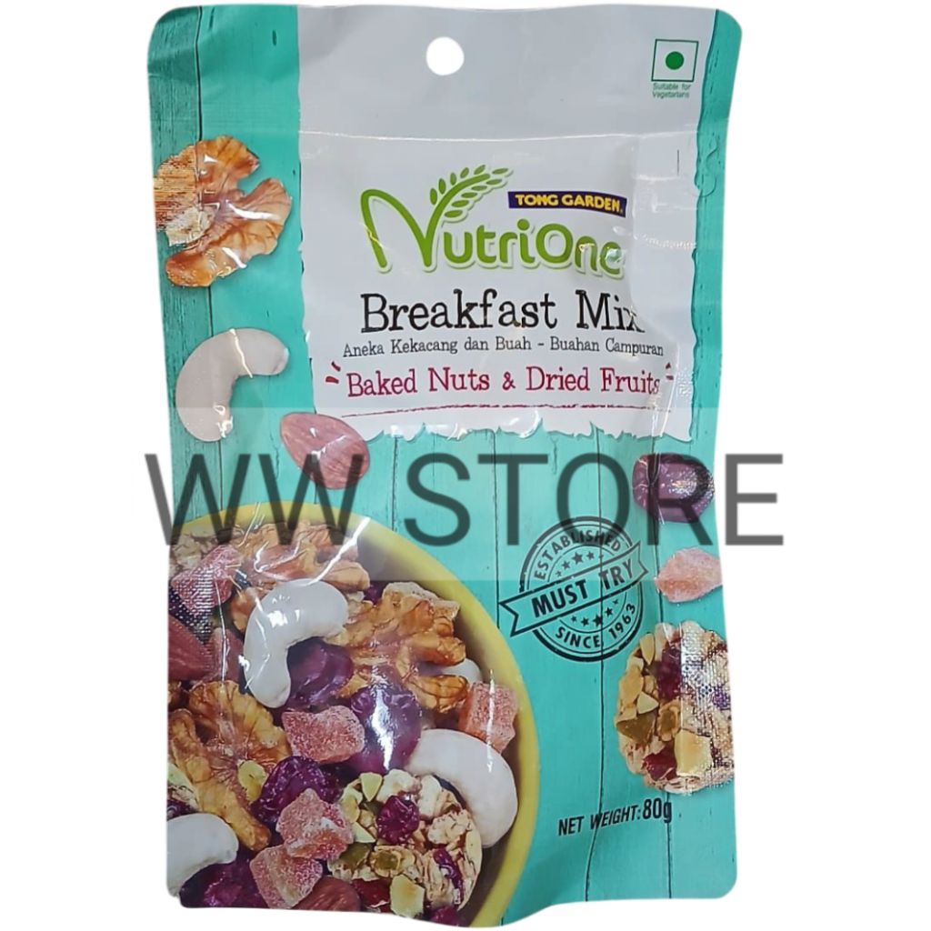 

Aneka kacang panggang dan buah kering campur Vegetarian TONG GARDEN NutriOne Nutri One Breakfast Mix Baked Nuts & Dried Fruits 80g