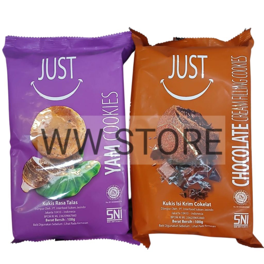 

Cemilan snek makanan ringan kukis rasa talas / isi krim coklat cokelat halal MUI EVER DELICIOUS JUST YAM / CHOCOLATE CREAM FILLING COOKIES 100g