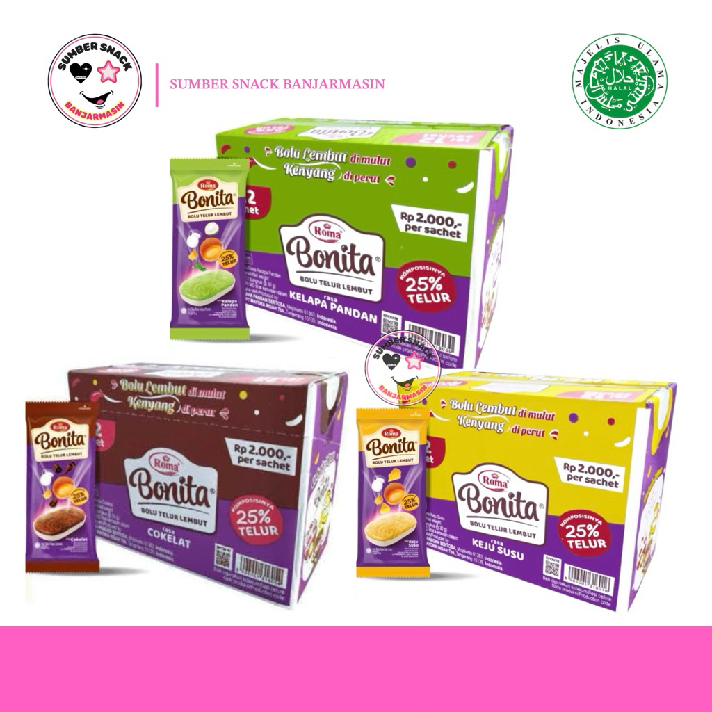 

Roma Bonita Bolu Telur Lembut Box (Isi 12 Sachet/Box) (12x30g) (3 Varian Rasa)